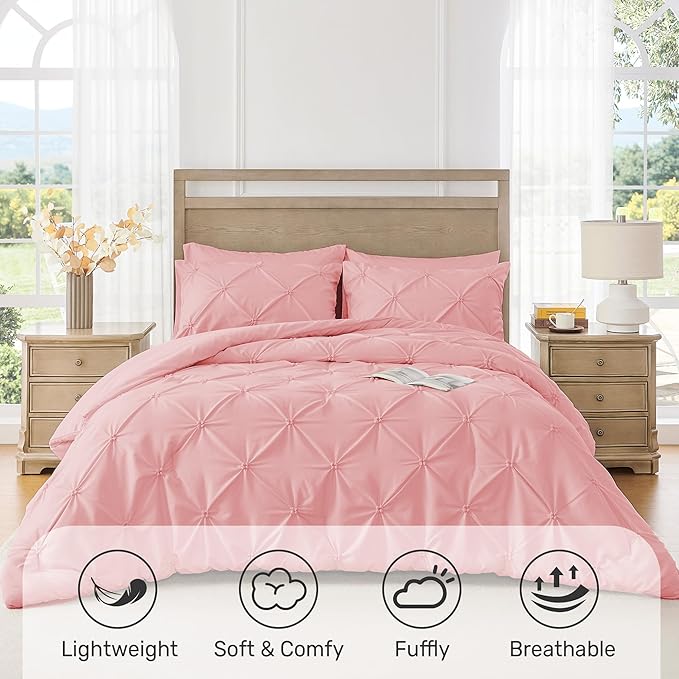 UNIKOME Queen Comforter Set Pink - Ultra Soft Boho Pintuck Down Alternative Bedding Set for All Seasons, 3 Pieces Lightweight Warm Pinch Pleat Bed Set with Comforter, 2 Pillowcases
