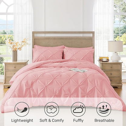 UNIKOME King Size Comforter Set Pink - Ultra Soft Boho Pintuck Down Alternative Bedding Set for All Seasons, 3 Pieces Lightweight Warm Pinch Pleat Bed Set with Comforter, 2 Pillowcases