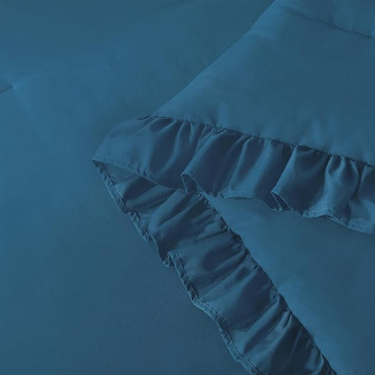 Andency Teal Ruffle Comforter King(104x90Inch), 3 Pieces(1 Ruffled Comforter and 2 Pillowcases) Solid Farmhouse Shabby Chic Bed, Vintage Rustic Soft Microfiber Bedding Set