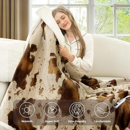 Cow Print Heated Blanket Twin-Heating Electric Blanket Twin with 10 Heat Levels & 10 Hours Auto-Off, Cozy Soft Fleece Sherpa, Washable, 62 x 84 Inches Cow Print Apricot