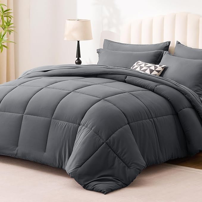 Love's cabin Twin Comforter Set Soot Grey, 5 Pieces Twin Bed in a Bag, All Season Bedding Sets with 1 Comforter, 1 Flat Sheet, 1 Fitted Sheet, 1 Pillowcase and 1 Pillow Sham