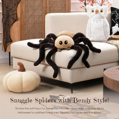 Phantoscope Happy Halloween Spider Shaped Throw Pillow, Faux Fur Fluffy Tarantula Shaped Halloween Cushion Pillow Contrast Color with Shapeable Legs, for Bedroom Sofa, Brown, 18 x 9.5 inches