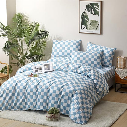 CLOTHKNOW Light Blue White Plaid Twin Comforter Set Grid Bedding Comforter Sets Blue Comforter Soft Lake Blue Comforter Sets Twin