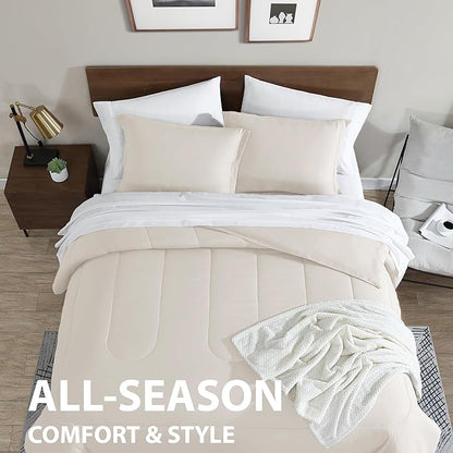 Cathay Home Basic Bedding Home Essential Ultra Soft Lightweight 8PC Wrinkle Resistant Microfiber Bed in a Bag Set (Includes Complete Sheet Set, Comforter Set & Bedskirt) - Full, Coconut Milk