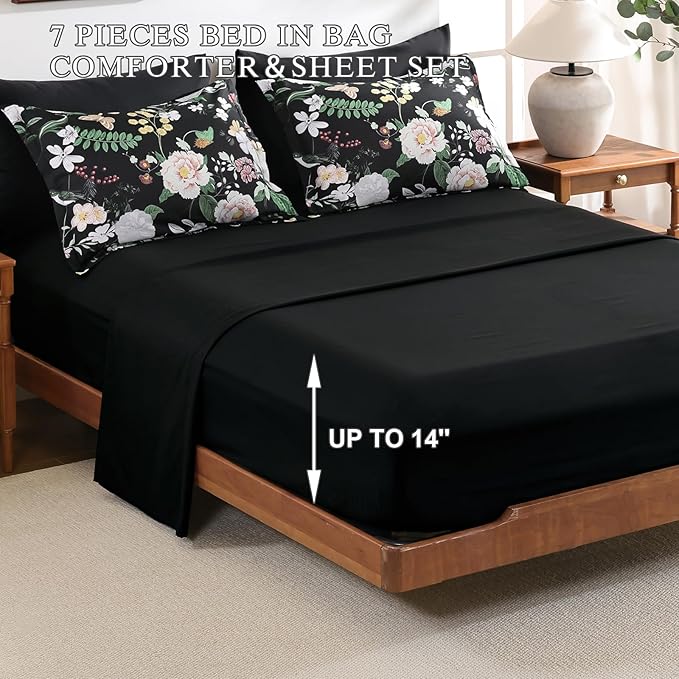 Anibedding 7Pieces Floral King Size Comforter Set, Garden Plant Flower Style Bed in a Bag Black White Bedding Comforter Set with Pillow Case for Bedroom