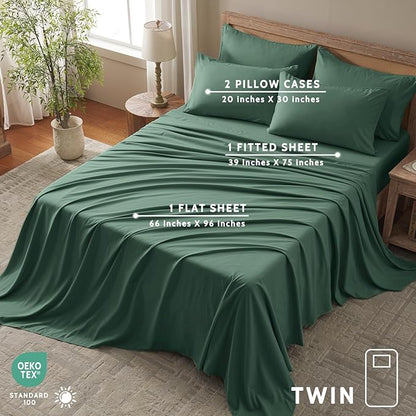 Twin Sheets Set - 4 Piece Soft Microfiber and Wrinkle Free Sheets - Easy Care, Extra Soft, Cooling Sheets - 1 Deep Pocket Fitted Sheet 1 Flat Sheet and 2 Pillowcases (Twin Emerald Green)