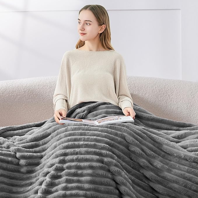 BEDELITE Blankets Queen Size for Bed, 300GSM Soft & Warm Fleece Blanket, Decorative and Giftable Striped Grey Blankets for Women, Men, 90"x90"