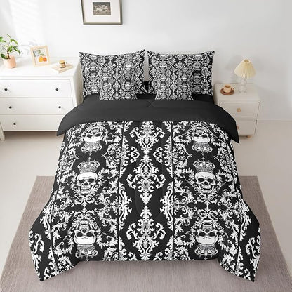 Erosebridal Gothic Skull Comforter Set 7 Piece Bed in a Bag Twin,Black White Damask Bohemian Vintage Flowers Bedding Set,Goth Skeleton Sheet Set,Exotic Boho Floral Crown Victorian Antique Decor