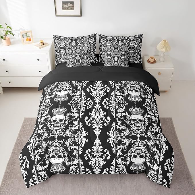 Erosebridal Gothic Skull Bed in a Bag King Size Comforter Set 7 Pieces,Black White Damask Bohemian Vintage Flowers Bedding Set,Goth Skeleton Sheet Set,Exotic Boho Floral Crown Victorian Antique Decor