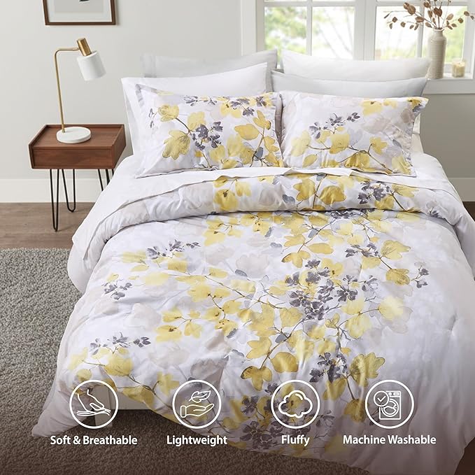 Full Comforter Set Yellow Bed Set, 9 Pieces Cute Floral Bedding Set Ultra Soft Botanical Flowers Comforter, Sheets, Pillowcases & Shams