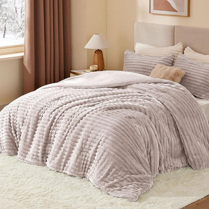 BEDELITE Fleece Queen Comforter Set -Super Soft & Warm Fluffy Lotus Pink Bedding, Luxury Fuzzy Heavy Bed Set for Winter with 2 Pillow Cases