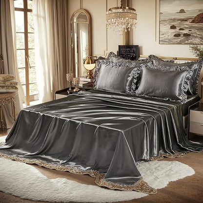 Grey Comforter Set with Satin Sheet Set King 8 Pieces Silk Like Satin Bedding Set Luxury Silky Ruffle Pattern Home Deocr Sexy Hotel Silky Bed Set with 1 Cushion Cover