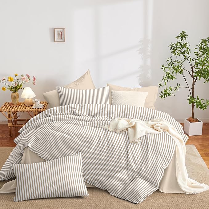 Nayoroom Striped Comforter Set Queen Size Brown Tan Stripe Comforter 3 Pieces Girls Soft Lightweight Pinstripe Dorm Bedding Set for All Seasons