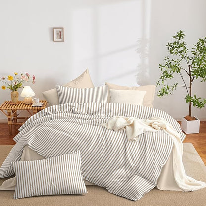Nayoroom Striped Comforter Set Queen Size Brown Tan Stripe Comforter 3 Pieces Girls Soft Lightweight Pinstripe Dorm Bedding Set for All Seasons