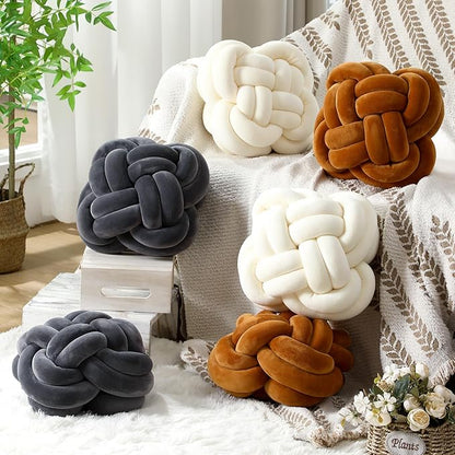 2 Pcs Knot Pillow Balls Set, 12 Inch Soft Decorative Throw Knot Pillow Ball, Large Square Knotted Floor Cushion for Living Room Bedroom Sofa Couch Bed Home Decoration(Beige)