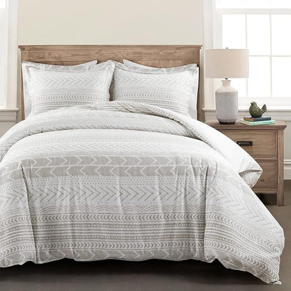 Lush Decor Hygge Geo Reversible 3 Piece Cotton Duvet Set, Full/Queen, Taupe & White