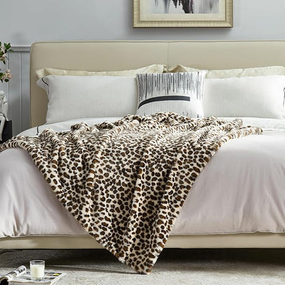 JONIYEAR Cozy Plush Brown Cheetah Faux Rabbit Fur Blanket Twin Size 60" x 70",Oversized Thick Fuzzy Leopard Lap Blankets for Women, Soft Fluffy Animal Printed Warm Shaggy Blanket for Winter, Beige