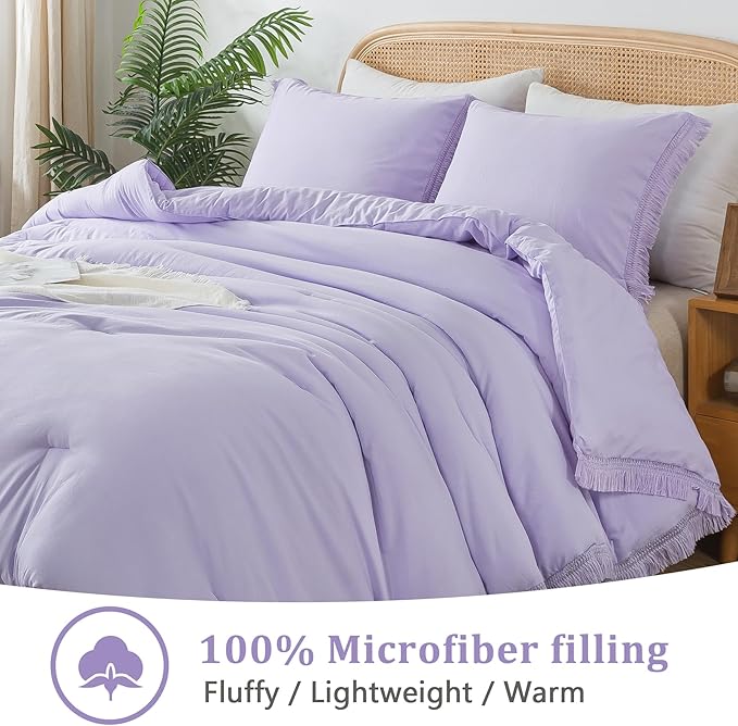 Andency Comforter King Size Bed Set Lavender, Purple 3 Pieces Boho Lightweight Winter Bedding Comforters & Sets, All Season Soft Tassel Bed Set (104x90In Comforter & 2 Pillowcases)