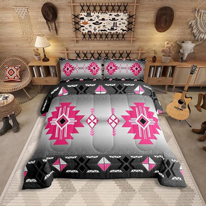 Erosebridal Rustic Western Twin Comforter Set, Southwestern Aztec Bedding Set for Boys Teens Men Bedroom, Exotic American Native Bedding Comforter Sets Vintage Bohemian Geometric Quilt, Pink Grey