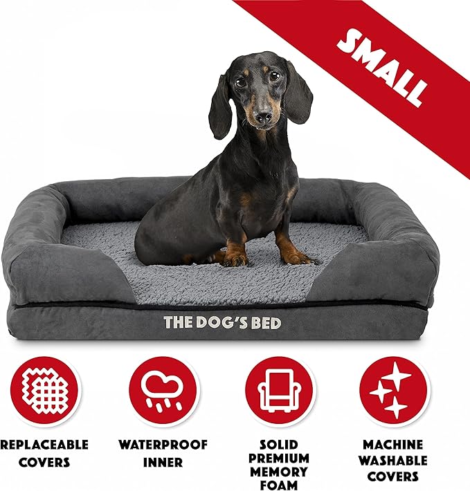 The Dog’s Bed Orthopedic Memory Foam Dog Bed with Bolsters, Plush Fabric, Grey Plush, S