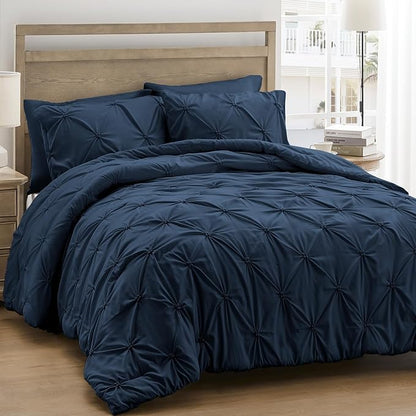 UNIKOME Queen Comforter Set Navy/Royal Blue - Ultra Soft Boho Pintuck Down Alternative Bedding Set for All Seasons, 3 Pieces Lightweight Warm Pinch Pleat Bed Set with Comforter, 2 Pillowcases