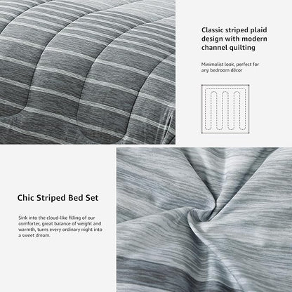 Monbix Queen Comforter Set - 7 Pieces Bed in a Bag Queen, Grey-Stripe Bedding Sets, All Seasons Comforter Bed Set with Sheets, Pillowcases & Shams
