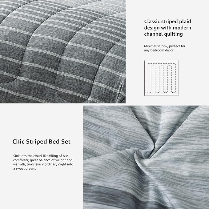 Monbix King Size Comforter Set - 7 Pieces Bed in a Bag King, Grey-Stripe Bedding Sets, All Seasons Comforter Bed Set with Sheets, Pillowcases & Shams