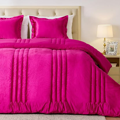 MUSSEL King Size Comforter Set Hot Pink 3 Pieces,Luxury Velvet Striped Bedding Comforter Sets,Elegant Lightweight Neutral Soft Fluffy King Comforter Sets for Bedroom