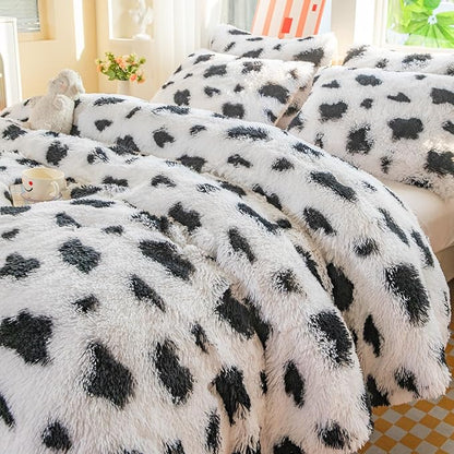 chovy Faux Fur Tie-Dyed Cow Print Black White Comforter Sets Queen - 3PC Bed Set Ultra Soft Plush Flannel Velvet Fluffy Fuzzy Bedding（Comforter x 1 Pillowcases x 2）