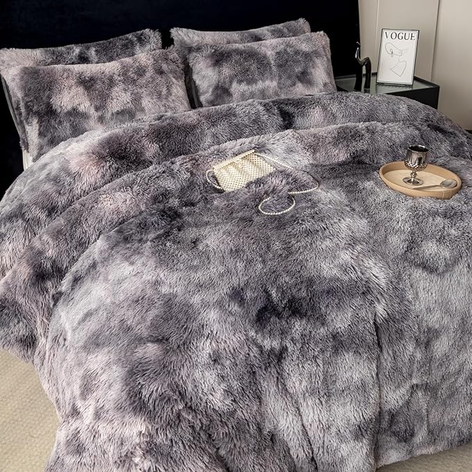 chovy Faux Fur Tie-Dyed Black Gray White Colorful Comforter Sets Twin - 3PC Bed Set Ultra Soft Plush Flannel Velvet Fluffy Fuzzy Bedding（Comforter x 1 Pillowcases x 2）