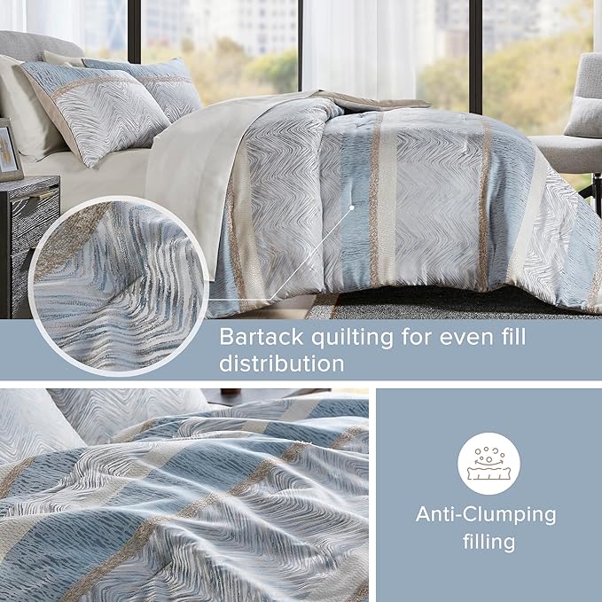 Comfort Spaces Blue Queen Comforter Set - 7 Pieces Trendy Modern Jacquard Bedding Sets with Sheets, All Seasons Skin-Friendly, Lightweight & Soft Microfiber Queen Bed Set, Shams, Queen