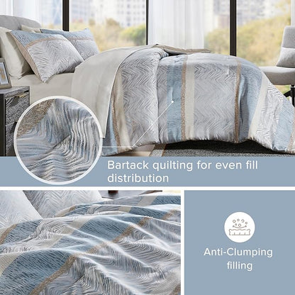 Comfort Spaces Blue Queen Comforter Set - 7 Pieces Trendy Modern Jacquard Bedding Sets with Sheets, All Seasons Skin-Friendly, Lightweight & Soft Microfiber Queen Bed Set, Shams, Queen