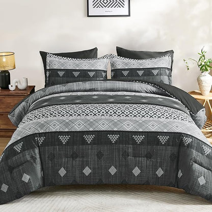 Xruibed Grey King Comforter Set 7 Pieces, Gray Boho Striped Bed in a Bag King Size Soft Microfiber All Season Bedding Set with Comforter, Sheets, Pillowcases & Shams(104"×90")