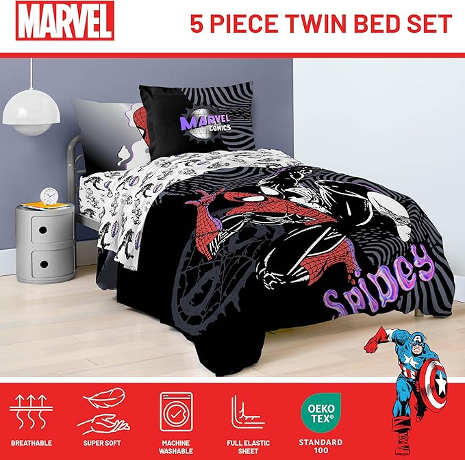 Jay Franco Kids Comforter Set Includes Sheets and Pillow Covers - Soft and Cozy Bed Set for Stylish Room Decor, Black - Marvel Comics, 5 Piece Twin Size Bedding