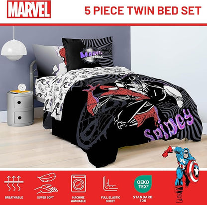 Jay Franco Kids Comforter Set Includes Sheets and Pillow Covers - Soft and Cozy Bed Set for Stylish Room Decor, Black - Marvel Comics, 5 Piece Twin Size Bedding