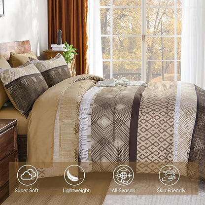 Xruibed Brown Queen Comforter Set 7 Pieces, Boho Striped Bed in a Bag Queen Size Soft Microfiber All Season Bedding Set with Comforter, Sheets, Pillowcases & Shams(90"×90")