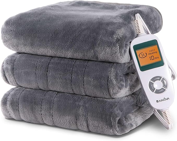RAINOVA Heated Blanket Electric Throw, Electric Blanket-90''x100'', Soft Heating Blanket, 10-Level Heating, 10-Hour Auto-Off, Gifts for Parents and Elders, Gray, ETL & FCC Certified