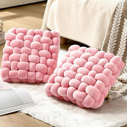 Wenqik 2 Pcs Knot Pillows Square Knotted Plush Throws Soft Accent Pillows Decoration Cushion for Couch Home Office Living Room Bedroom Bed Sofa Decor, 12'' x 13''(Pink,Crystal Velvet)
