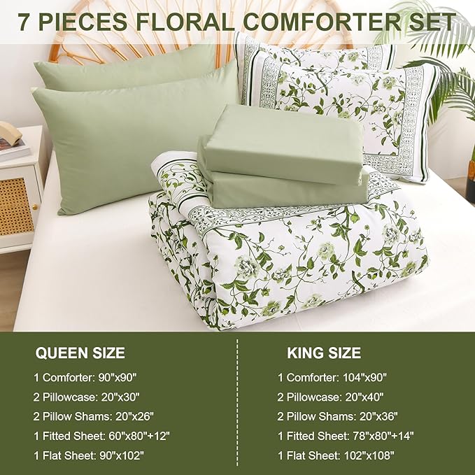 Dobuyly Floral Queen Comforter Set, 7 Piece Bed in a Bag Queen Size Sage Green Flowers on White Botanical Bedding Set, Soft Microfiber Bedding Comforter Sets with Sheets for All Season