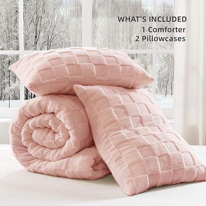 Litanika Fluffy Full Size Comforter Set Pink，3 Pieces Warm Sherpa Fleece Winter Bedding Set, Jacquard Checkered Plush Fuzzy Bed Set(1 Comforter, 2 Pillowcases)