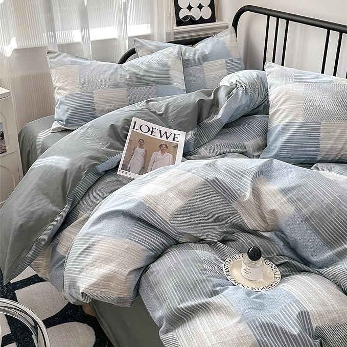 mixinni Queen Comforter Set Soft Aesthetic Blue Geometric Checkered Plaid Printed Bedding Comforter for Men Boys, 1 Soft Microfiber Reversible Comforter with 2 Pillowcases for All Seasons