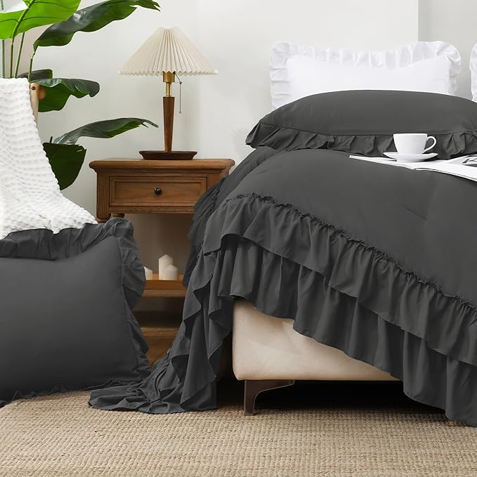 Andency Dark Grey King Comforter Set, Gray Ruffle Farmhouse Shabby Chic Bedding Set, All Season Soft Lightweight Down Alternative Microfiber Bed Comforter Sets