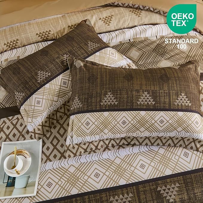 Xruibed Brown King Comforter Set 7 Pieces, Boho Striped Bed in a Bag King Size Soft Microfiber All Season Bedding Set with Comforter, Sheets, Pillowcases & Shams(104"×90")