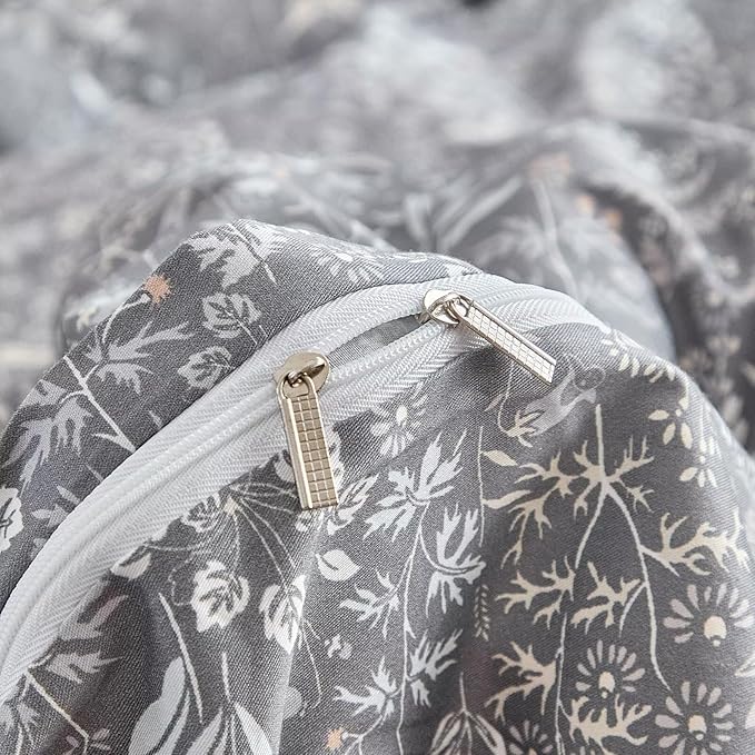 Queen Comforter Set 3 Pieces Grey Floral Botanical Patterned Rustic Cottagecore 90"X90" Bedding Set for All Season Prewashed Soft Breathable Warm 1 Comforter and 2 Pillowcases Bed Sets