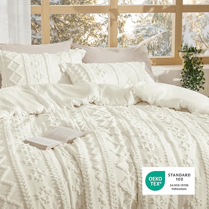 Bedsure Tufted Boho Comforter Set Oversized King - Ivory Boho Bed Set, GentleSoft™ 3 Pieces Farmhouse Shabby Chic Embroidery Bedding, Gifts for Woman, Soft Jacquard Comforter for All Seasons