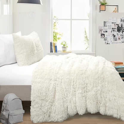 Lush Decor Emma Faux Fur Comforter 2 Piece Set Twin XL Ivory - Dorm Bedding Twin XL Comforter - Cream Comforters - College Dorm Essentials