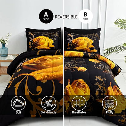 WONGS BEDDING Yellow Comforter Set Queen, Reversible Yellow Rose 7 Pieces Bed in a Bag, Lightweight Soft Microfiber Bedding Sets with Flat Sheet, Fitted Sheet, Pillowcases & Shams