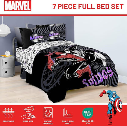 Jay Franco Kids Comforter Set Includes Sheets and Pillow Covers - Soft and Cozy Bed Set for Stylish Room Decor, Black - Marvel Comics, 7 Piece Full Size Bedding