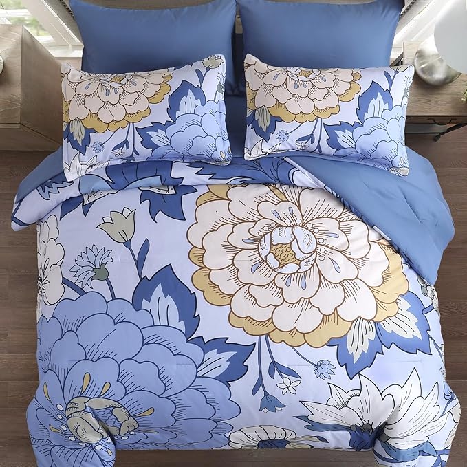 DJY 7 Pieces Blue Floral Comforter Set Queen Size Botanical Bed in a Bag, Soft Microfiber Boho Farmhouse Bedding Floral Comforter with Sheets Set for All Season (104''x90'')