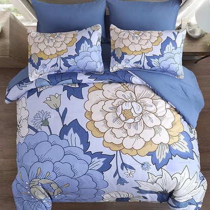 DJY 7 Pieces Blue Floral Comforter Set Queen Size Botanical Bed in a Bag, Soft Microfiber Boho Farmhouse Bedding Floral Comforter with Sheets Set for All Season (104''x90'')